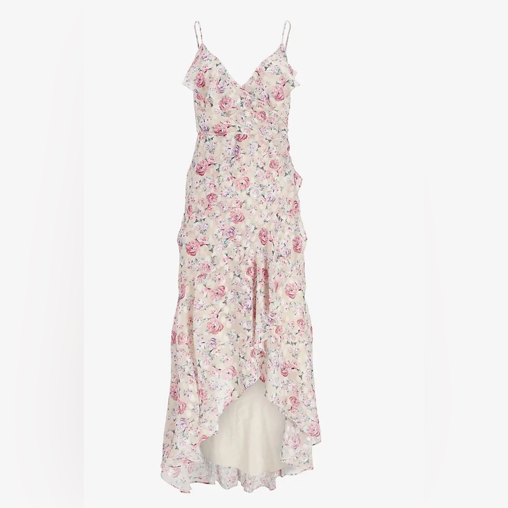NWT Express Floral Print Ruffle Faux Wrap Hi-Lo Maxi Dress - Picture 6 of 8